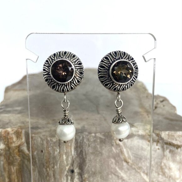 Sterling Silver 925 1.5" Signed Round Smoky Quartz & Pearl Dangle Drop Earrings - Picture 2 of 16